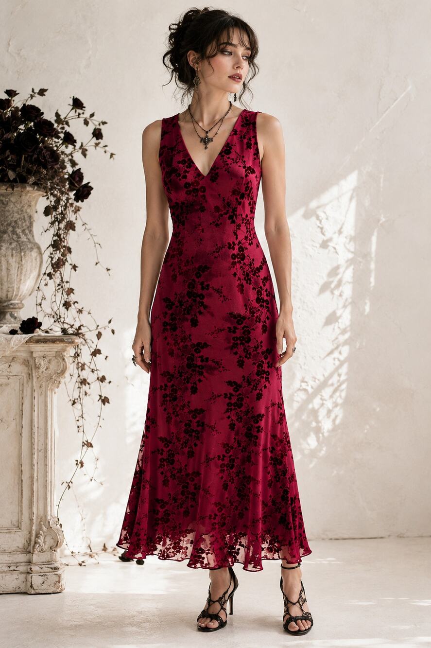 Womens Velvet Burnout Dress M Burgundy Floral Maxi V Neck Whimsigoth Fairycore